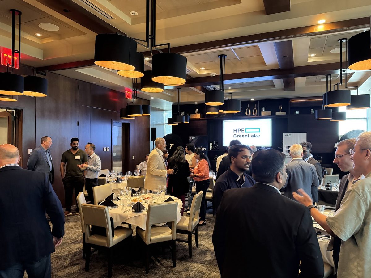 A private dining room set for an HPE GreenLake event