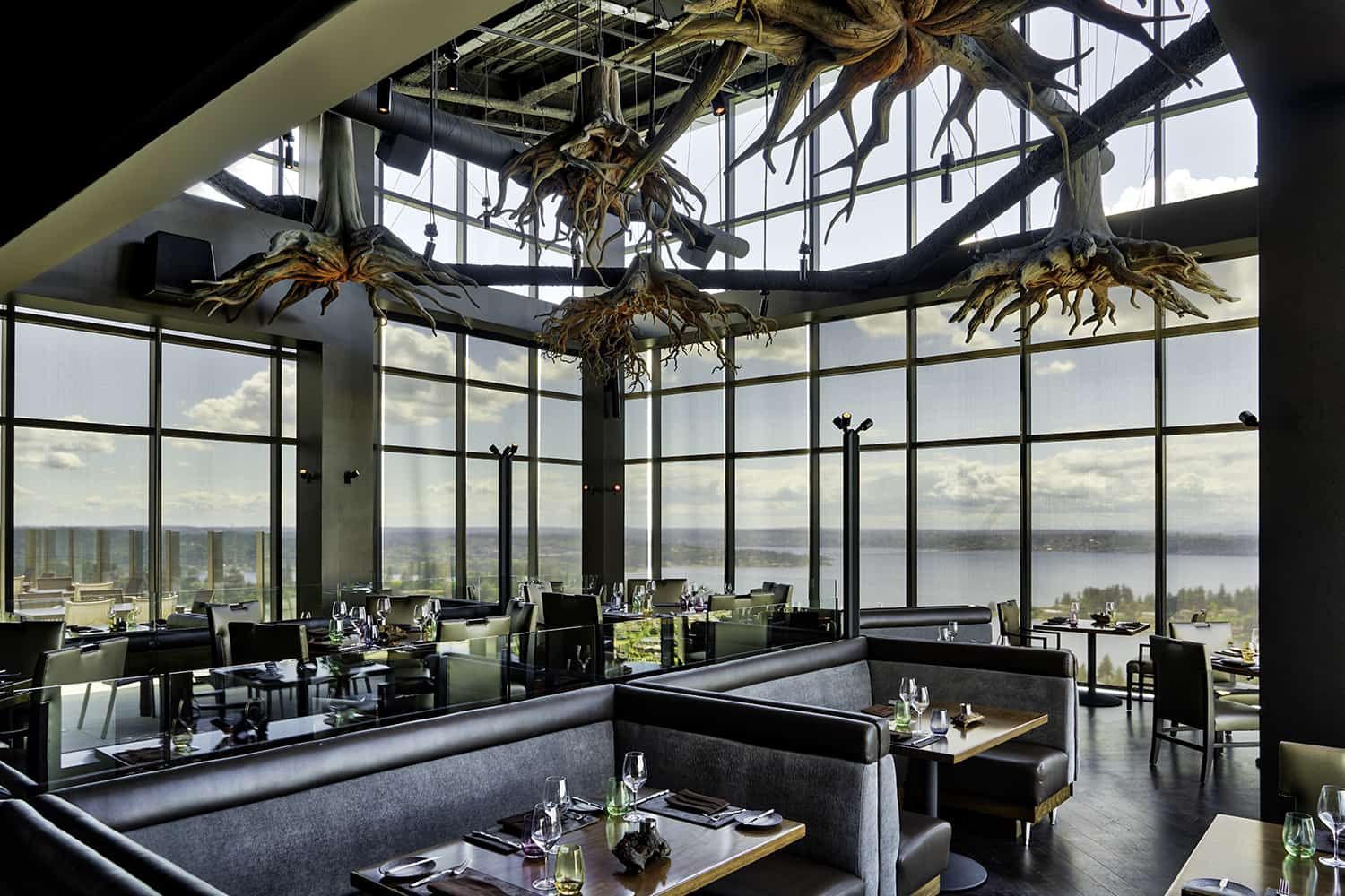 Ascend Prime Steak & Sushi dining room on the 31st floor, overlooking Meydenbauer Bay