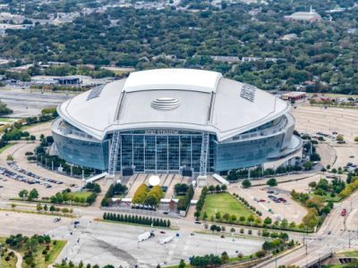 Arlington, United States - October 21, 2020: Aerial view of the home of the Dallas Cowboys, AT&T Stadium located just east of downtown Dallas, Texas in the city of Arlington.